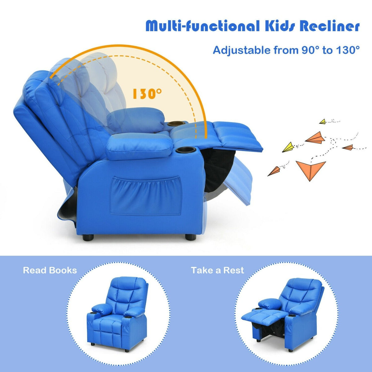 Kids Recliner Chair with Cup Holder and Footrest for Children-Blue view 9