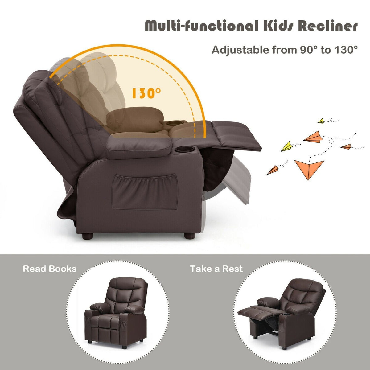 Kids Recliner Chair with Cup Holder and Footrest for Children-Brown view 5