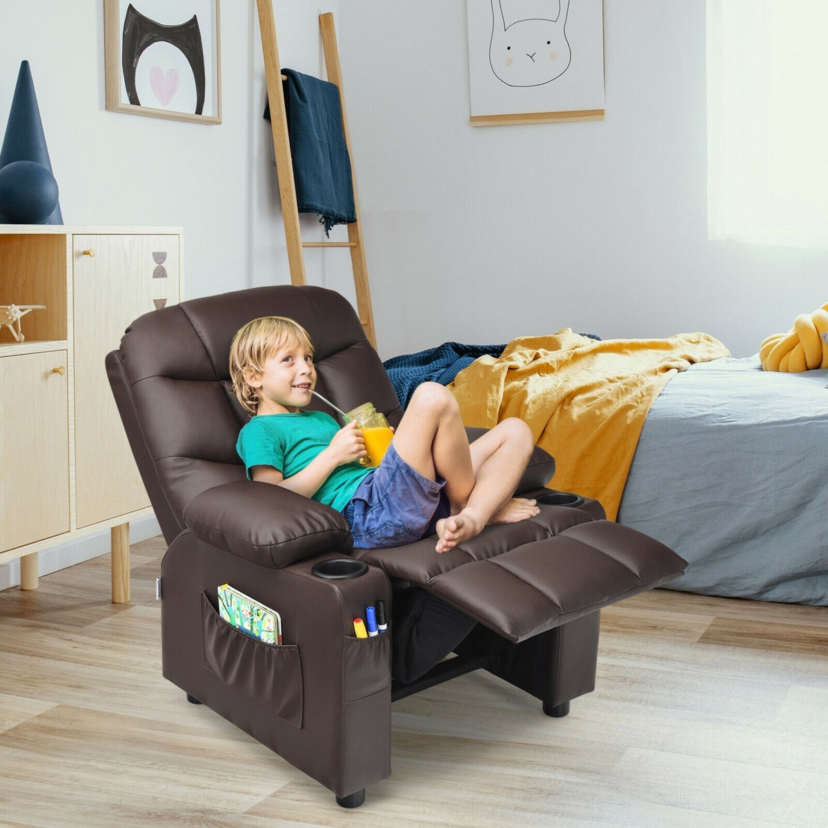 Kids Recliner Chair with Cup Holder and Footrest for Children-Brown view 6