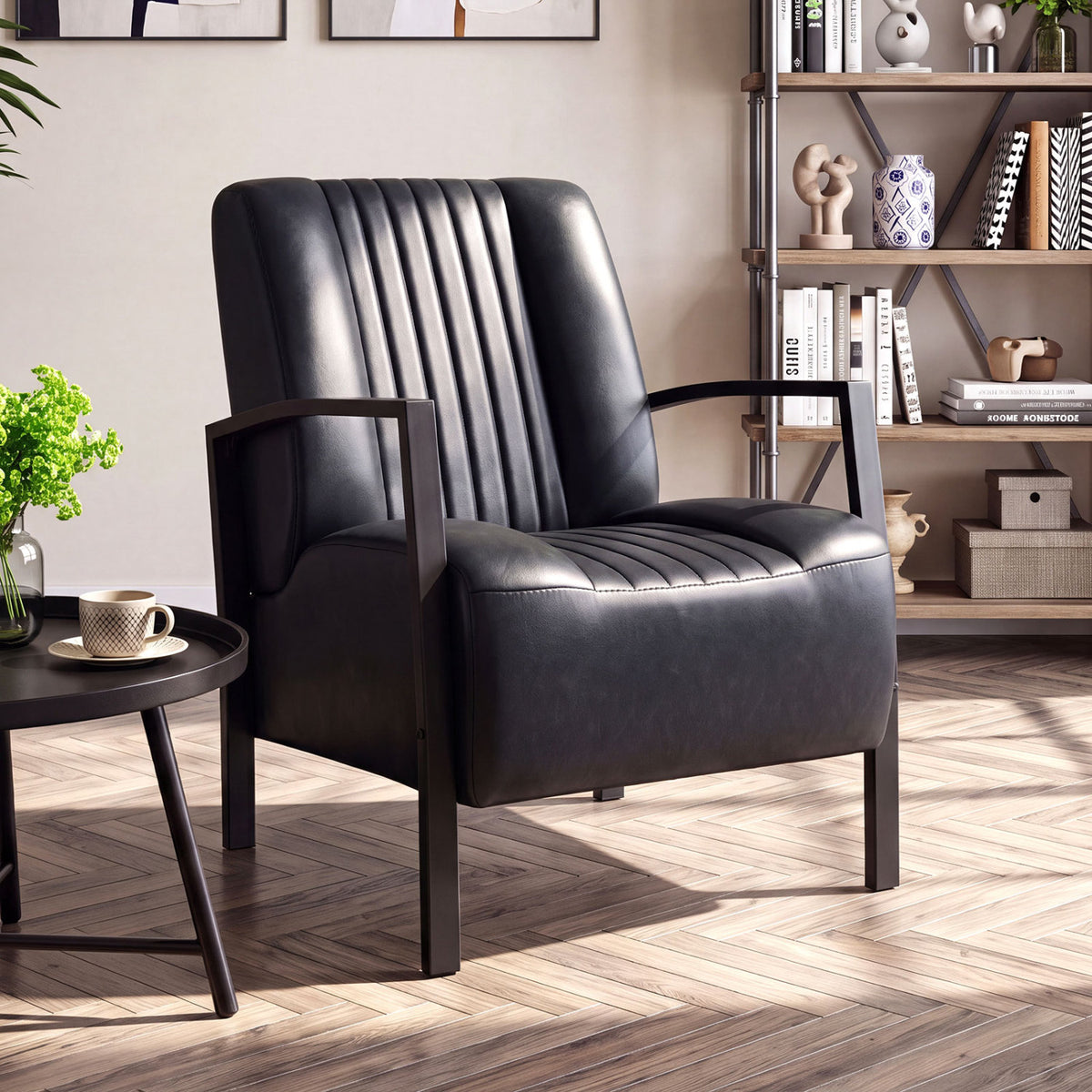 PU Leather Upholstered Armchair with Padded Seat and Back Comfy Lounge Reading Chair-Black view 2