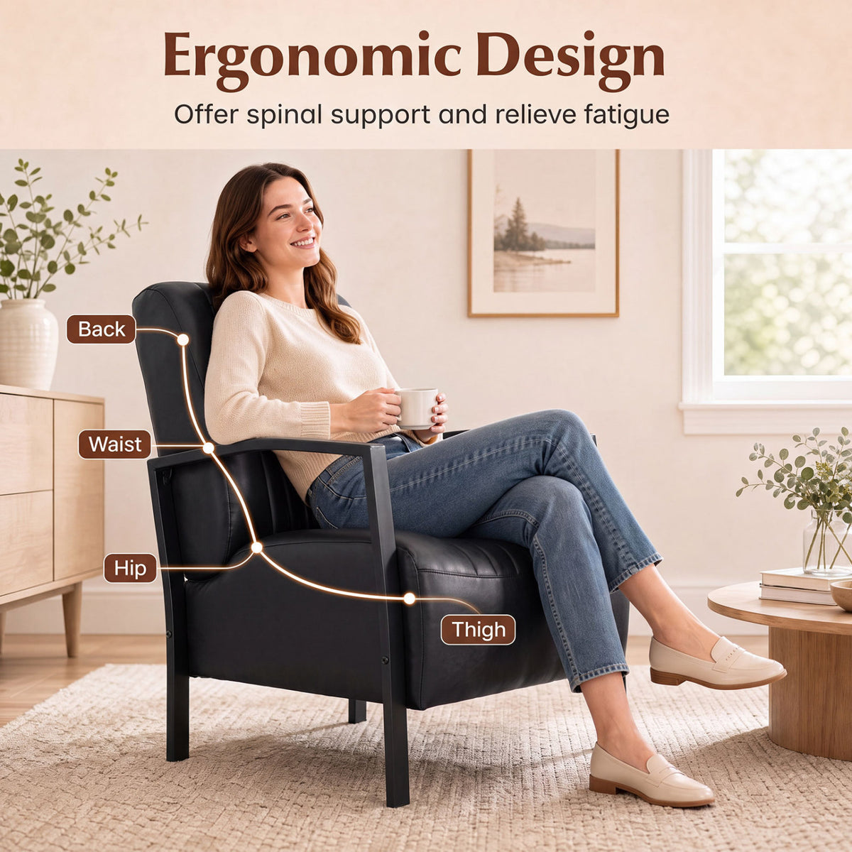 PU Leather Upholstered Armchair with Padded Seat and Back Comfy Lounge Reading Chair-Black view 5