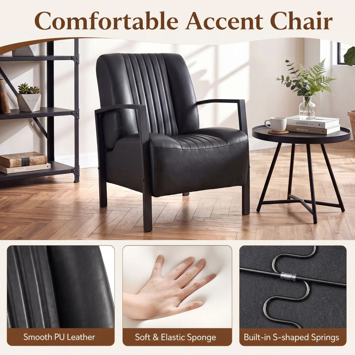 PU Leather Upholstered Armchair with Padded Seat and Back Comfy Lounge Reading Chair-Black view 6