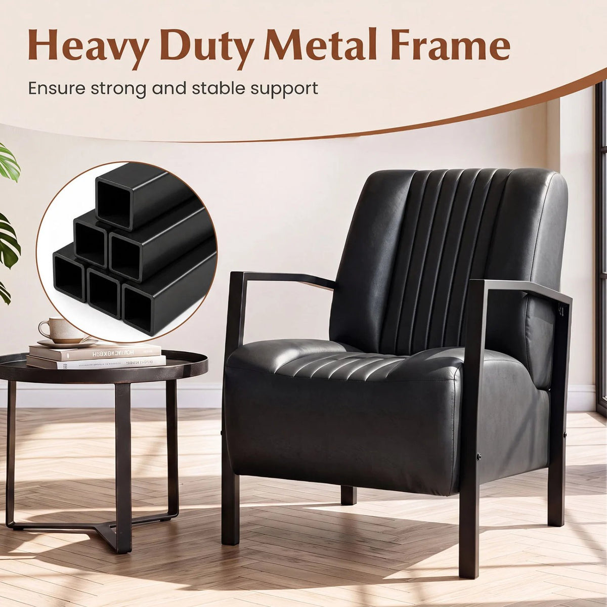 PU Leather Upholstered Armchair with Padded Seat and Back Comfy Lounge Reading Chair-Black view 7