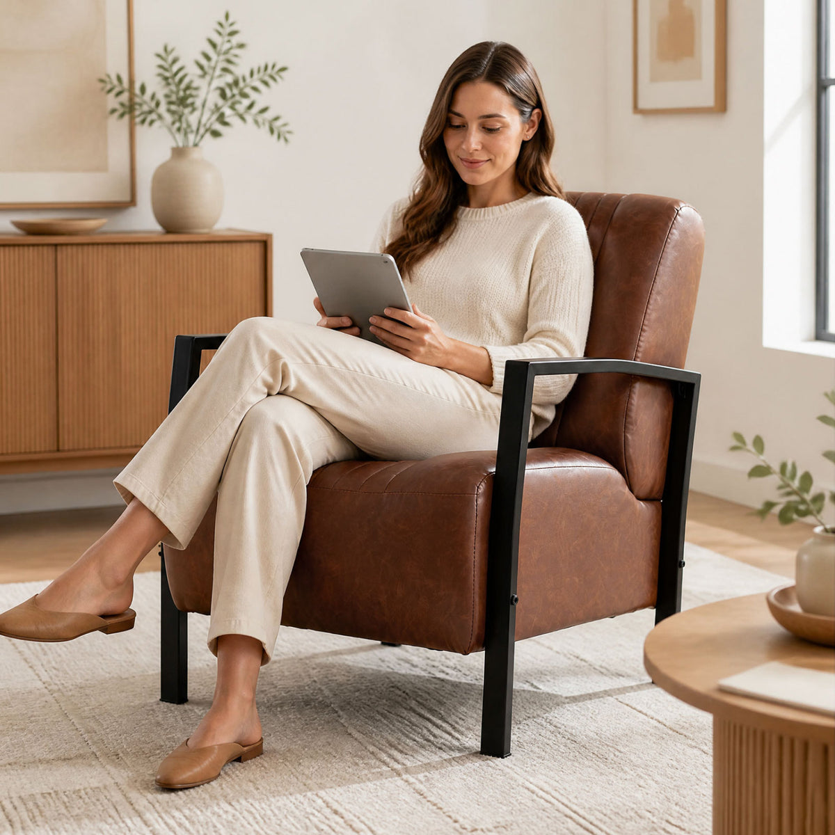 PU Leather Upholstered Armchair with Padded Seat and Back Comfy Lounge Reading Chair-Brown view 3