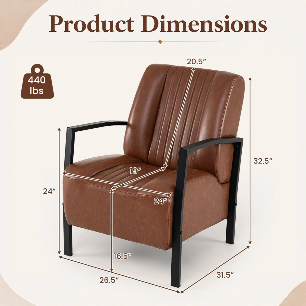 PU Leather Upholstered Armchair with Padded Seat and Back Comfy Lounge Reading Chair-Brown view 4