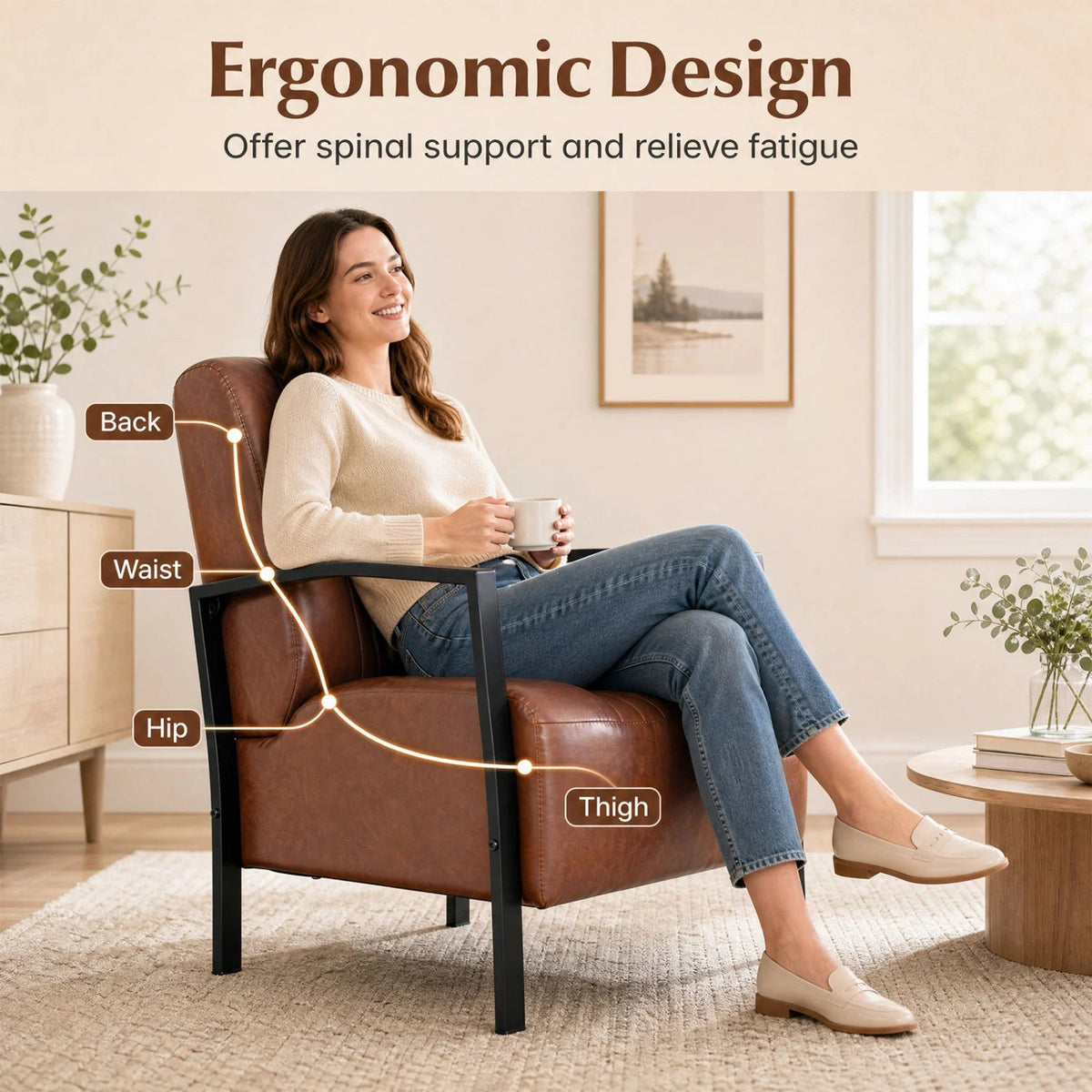 PU Leather Upholstered Armchair with Padded Seat and Back Comfy Lounge Reading Chair-Brown view 5