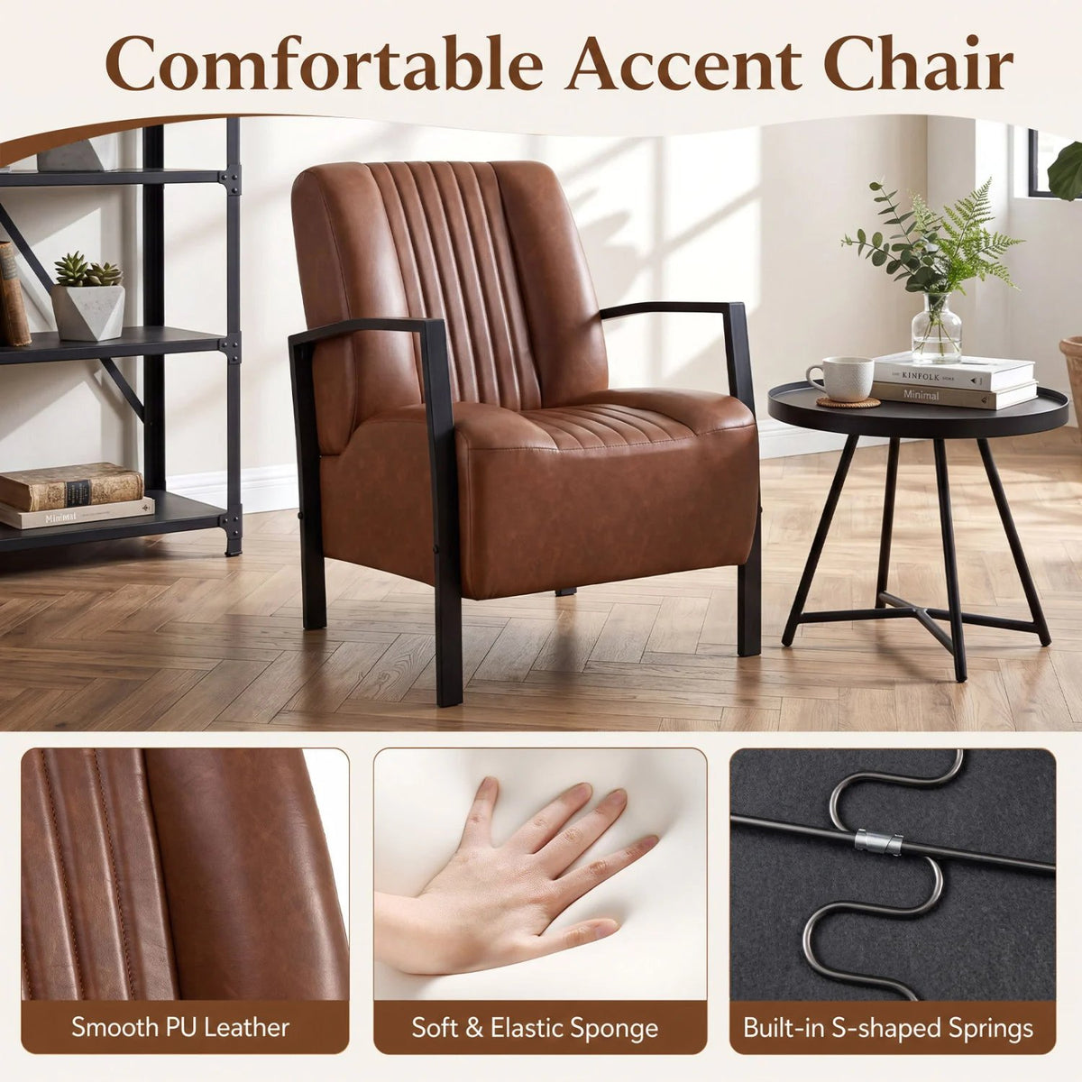 PU Leather Upholstered Armchair with Padded Seat and Back Comfy Lounge Reading Chair-Brown view 6