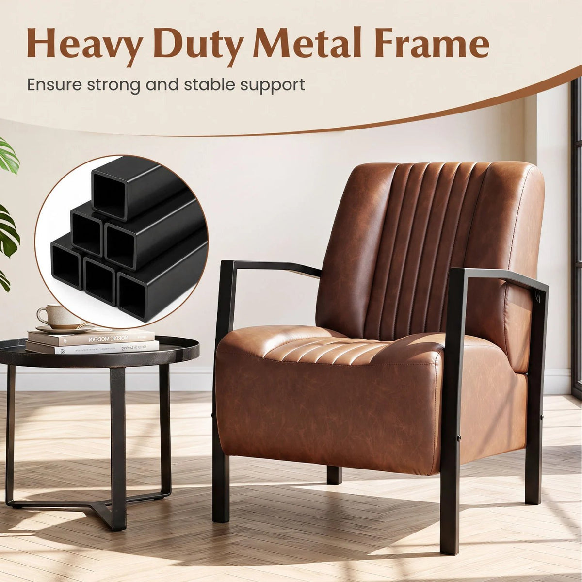 PU Leather Upholstered Armchair with Padded Seat and Back Comfy Lounge Reading Chair-Brown view 7