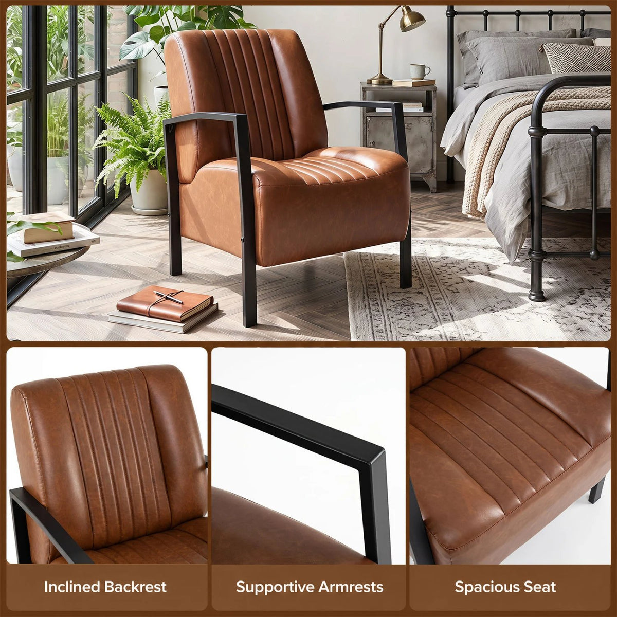 PU Leather Upholstered Armchair with Padded Seat and Back Comfy Lounge Reading Chair-Brown view 8