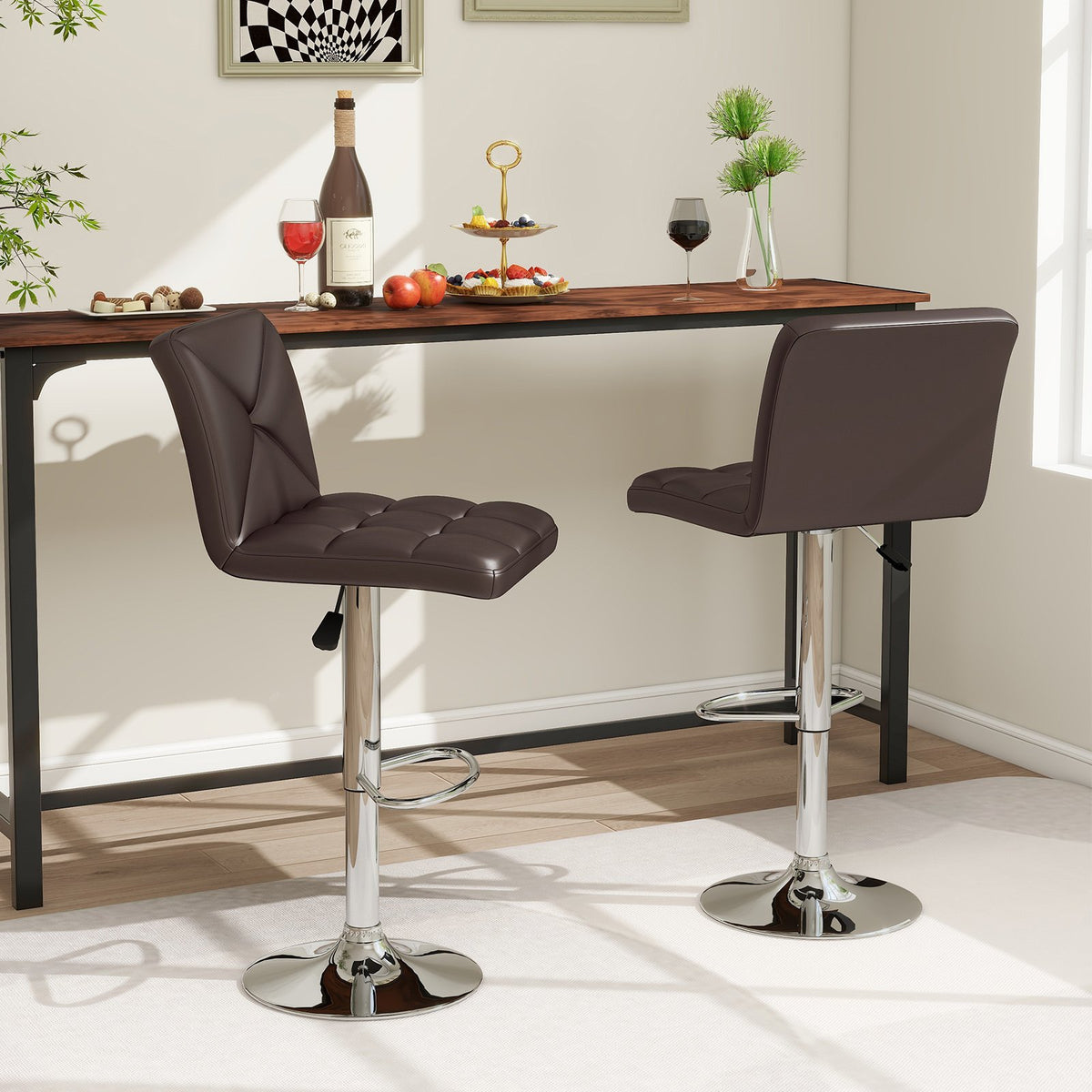 PU Leather Upholstered Bar Stools Set of 2 with Back and Adjustable Height-Brown view 2
