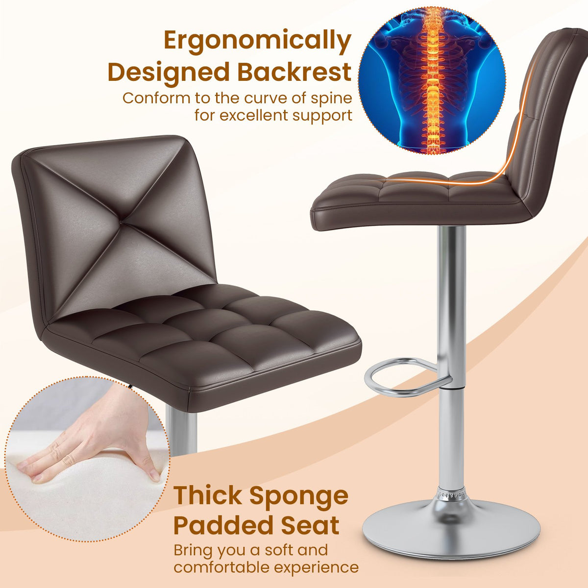 PU Leather Upholstered Bar Stools Set of 2 with Back and Adjustable Height-Brown view 6