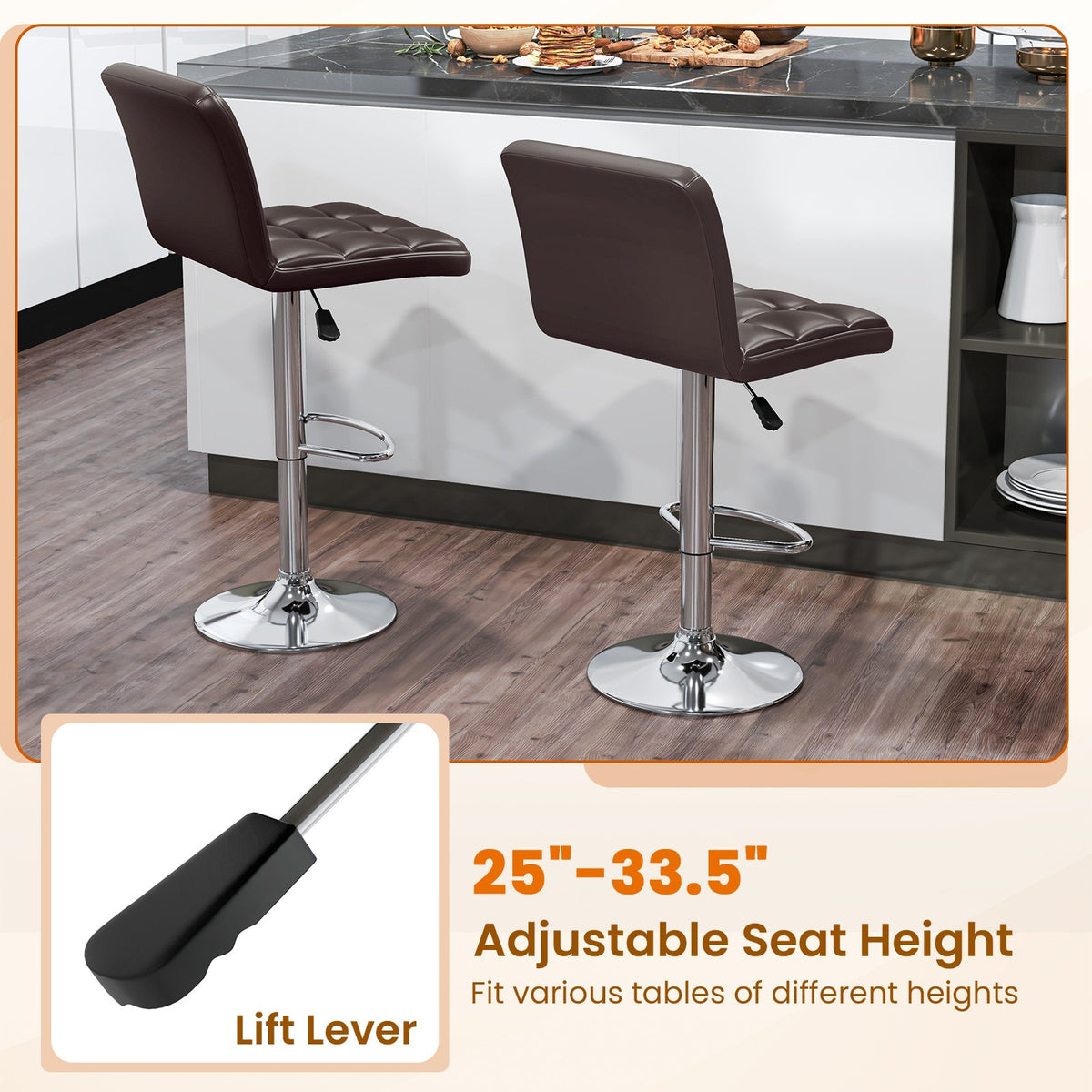 PU Leather Upholstered Bar Stools Set of 2 with Back and Adjustable Height-Brown view 9