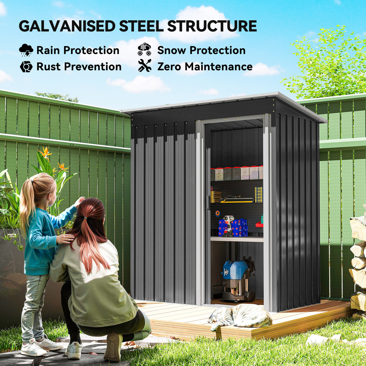 5 x 3 FT Outdoor Storage Shed with Sliding Door and Sloped Roof, Steel Frame Garden Shed Tool Equipment – view 3