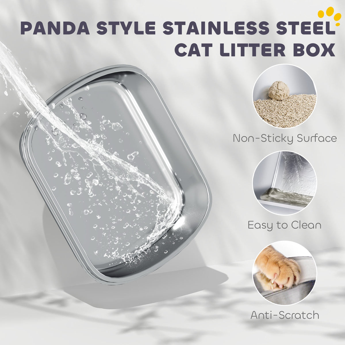 Panda Style XL Stainless Steel Cat Litter Box with Lid, Enclosed Kitty Litter Box with Scoop, 23.7" x 15.9" x 17.6"