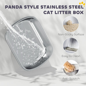 Panda Style XL Stainless Steel Cat Litter Box with Lid, Enclosed Kitty Litter Box with Scoop, 23.7" x 15.9" x 17.6"