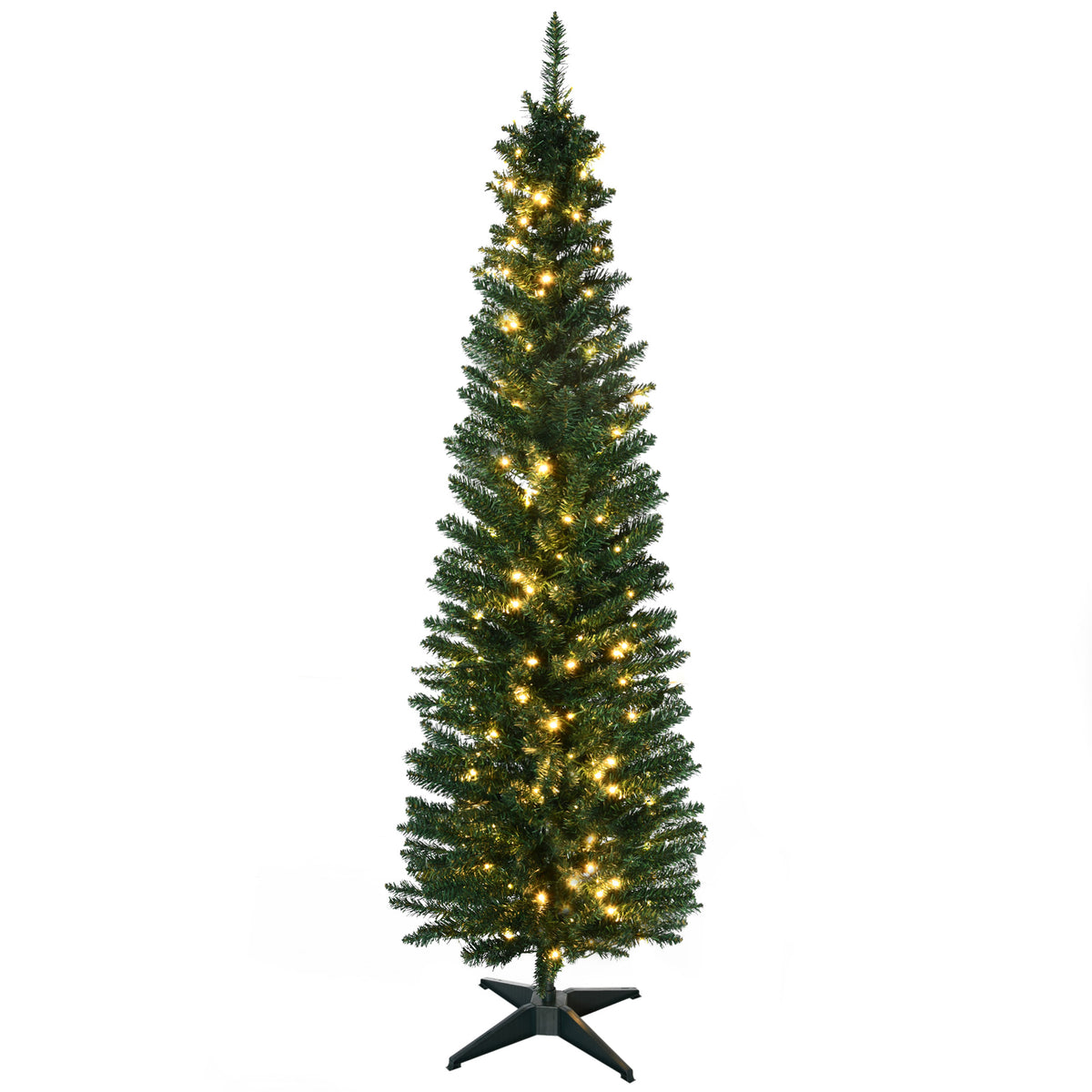 6' Pre Lit Artificial Pencil Christmas Trees, Xmas Tree with Realistic Branches and Warm White LED Lights