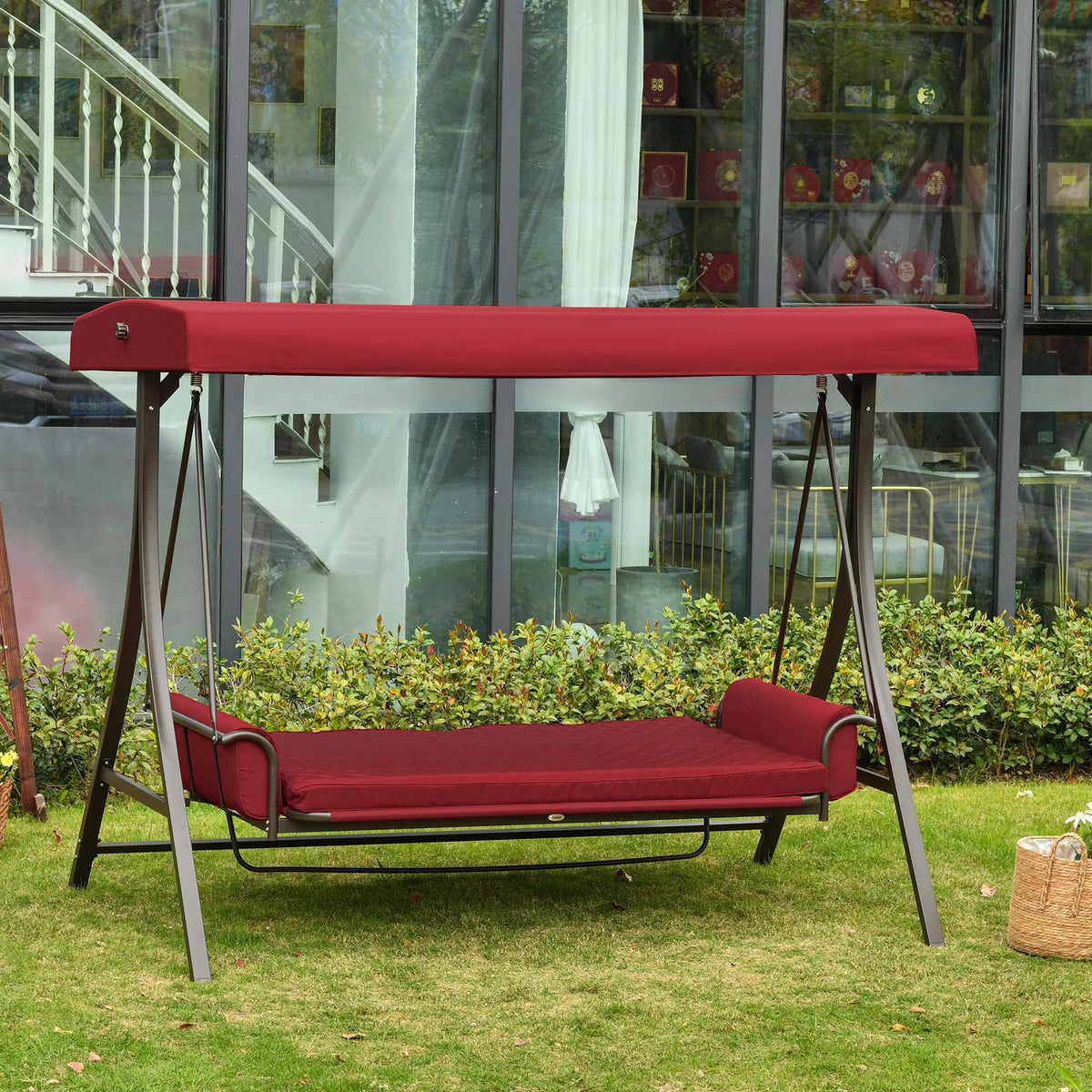 3 Person Porch Swing Bed, 2-in-1 Convertible Outdoor Patio Swing Chair Bench Hammock with Adjustable Canopy, Cushions, Pillows for Porch and Backyard, Red