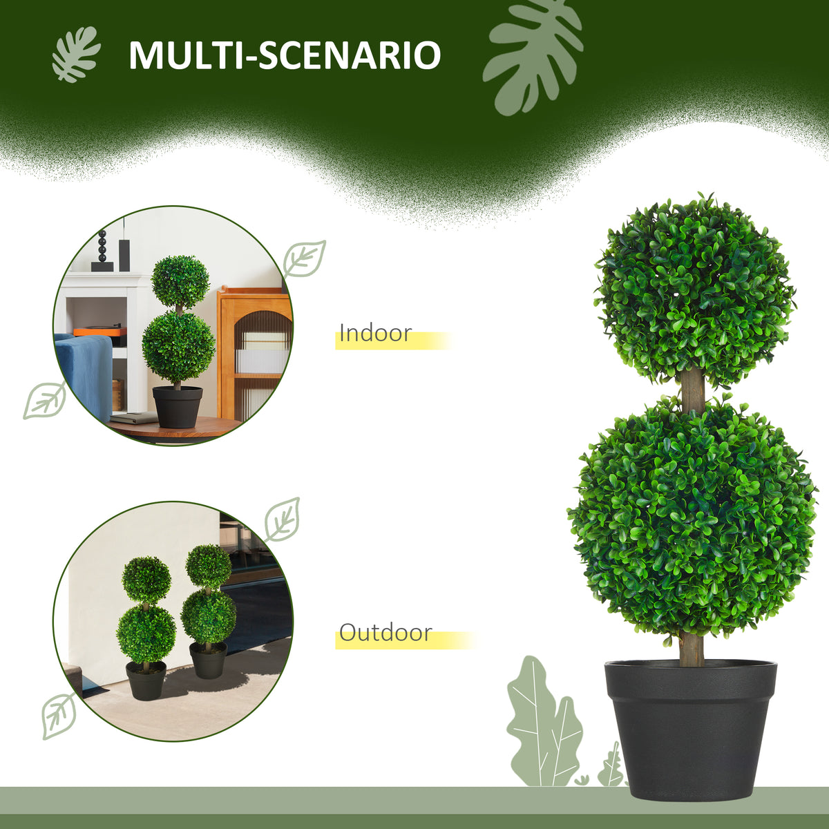 Artificial Boxwood Topiary Tree Set of 2, Faux Boxwood Ball Trees in Pot, Fake Plant for Indoor Outdoor Decor, Green