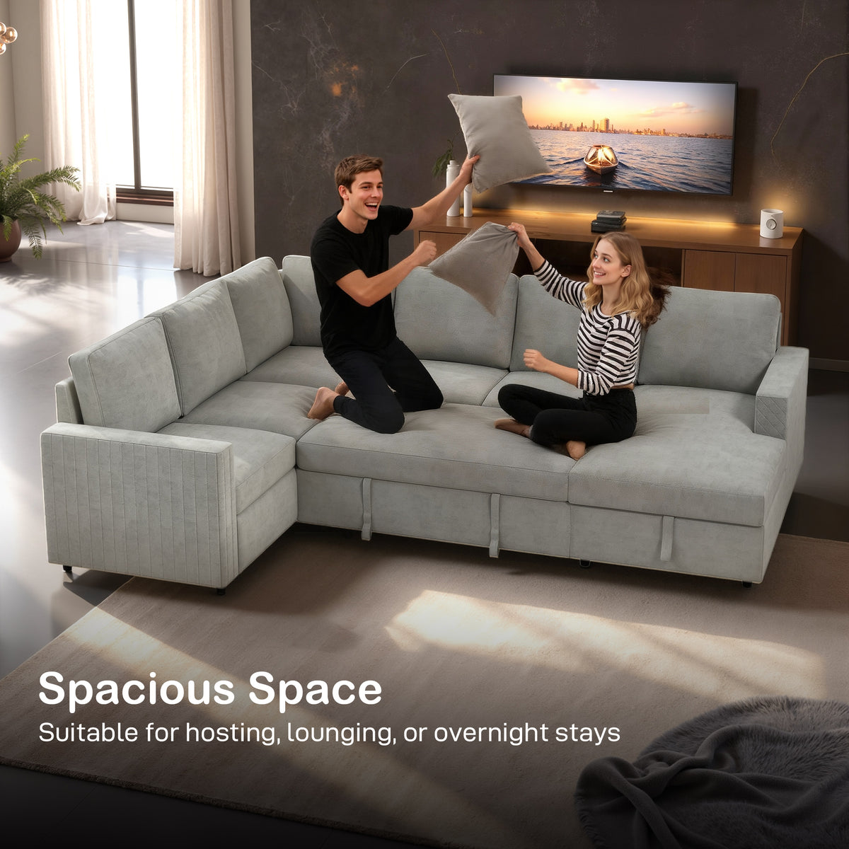 Pull Out Sofa Bed, Sleeper Sofa Couch with Hidden Storage, Chaise Lounge, Velvet Upholstery, U-Shaped Futon Couch
