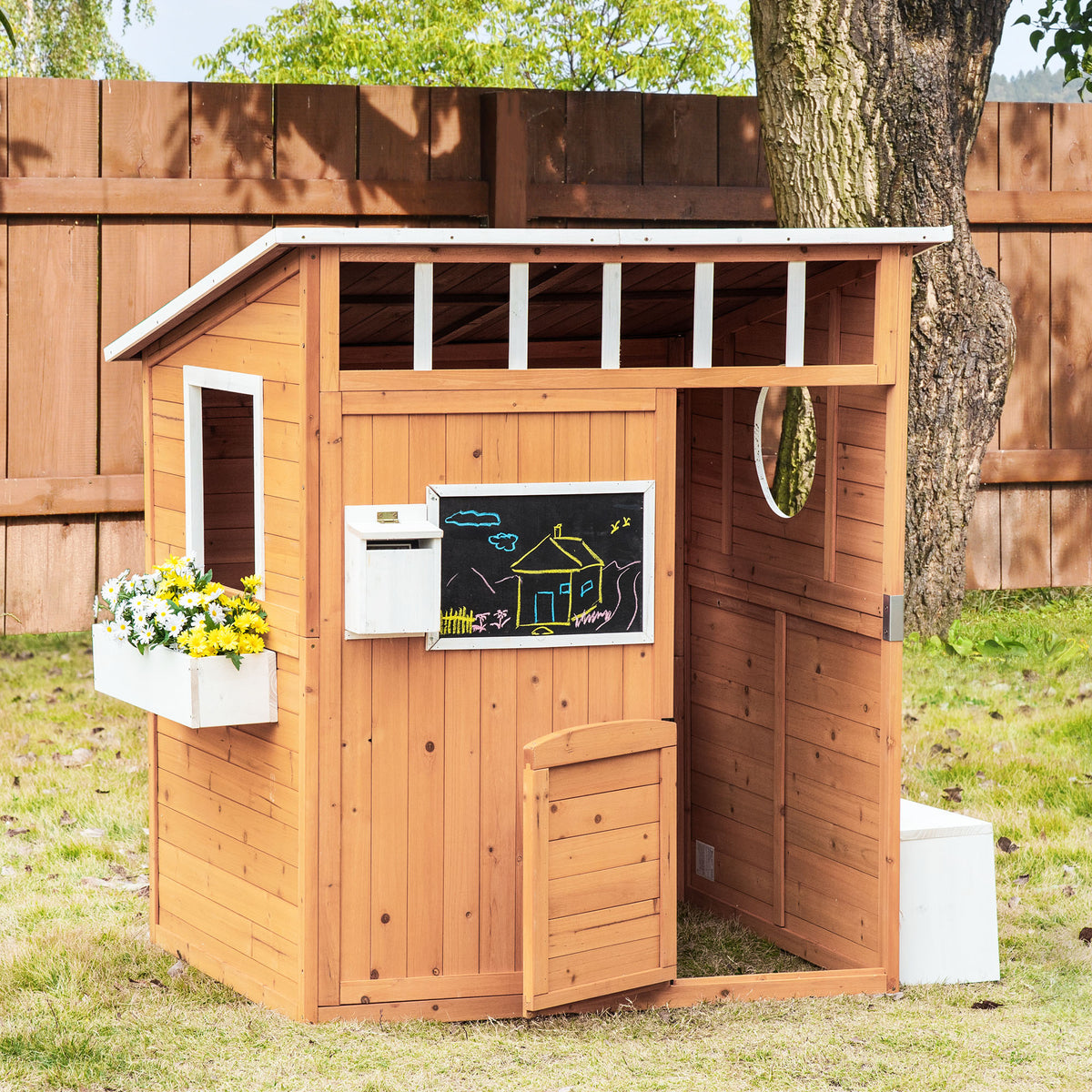 Wooden Outdoor Playhouse for Kids with Working Door, Windows, Mailbox, Bench, Flowers Box and Blackboard, Yellow