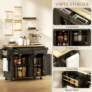 Kitchen Island with Storage, Rolling Trolley Cart with Rubber Wood Top, Spice Rack, Towel Rack, Brown Oak – view 5