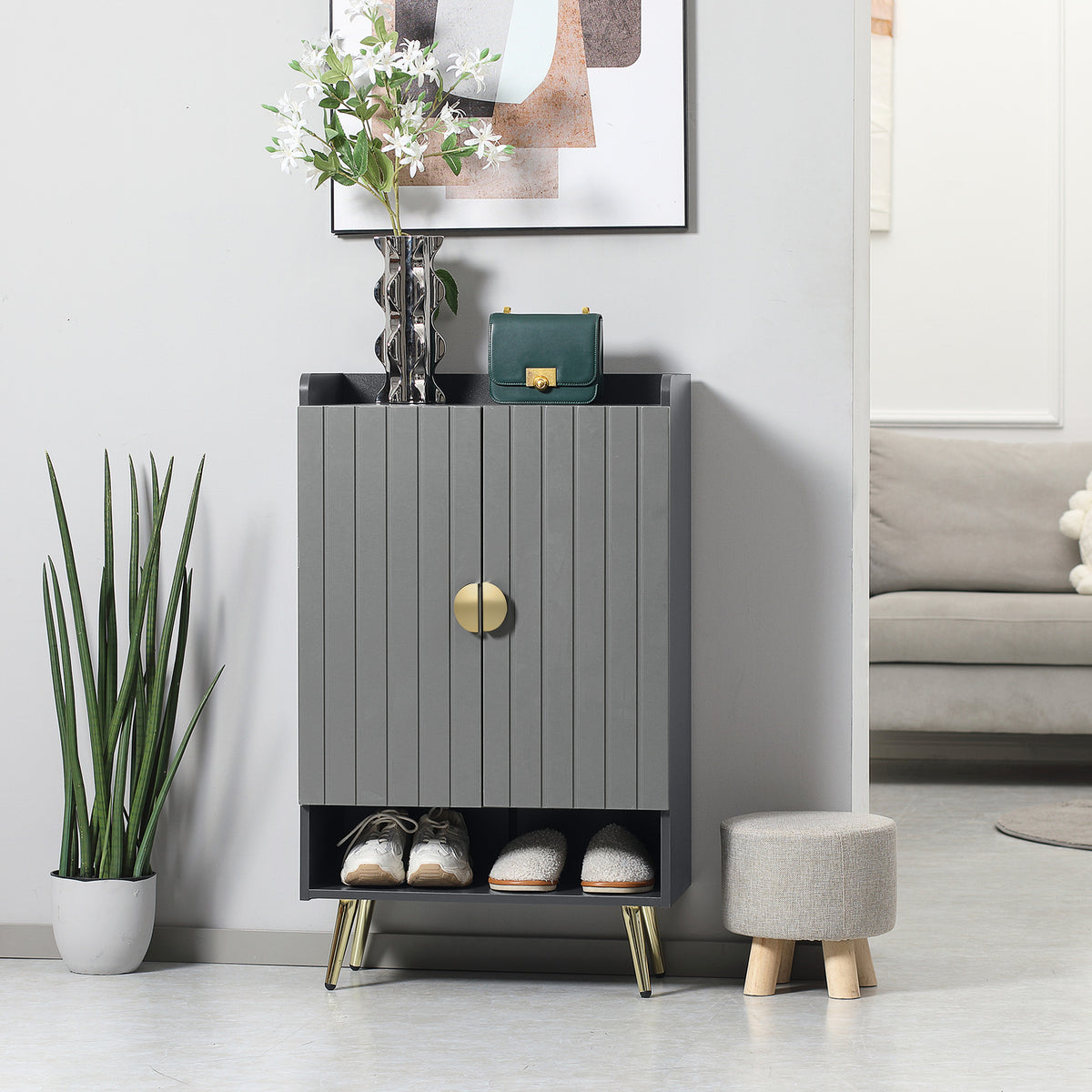 Entryway Shoe Storage Cabinet, Narrow Shoe Cabinet with Adjustable Shelves and Open Shelf for 15 Pairs of – view 7