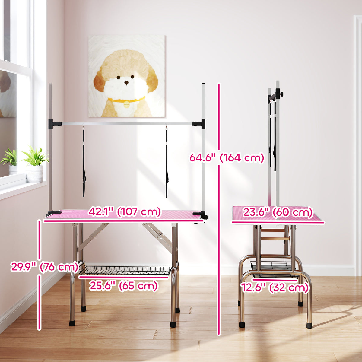 Adjustable Dog Grooming Table with 2 Safety Slings, Storage Basket, Black – view 23
