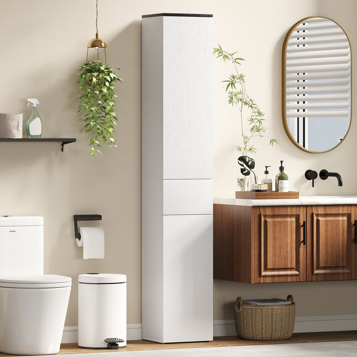 Tall Bathroom Cabinet with 2 Cupboards and Drawer, Slim Bathroom Storage Cabinet with Adjustable Shelves, White