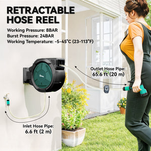 1/2 in x 65ft Wall Mounted Garden Hose Reel, Retractable Water Hose Reel with Auto Rewind, Any Length Lock, Blue
