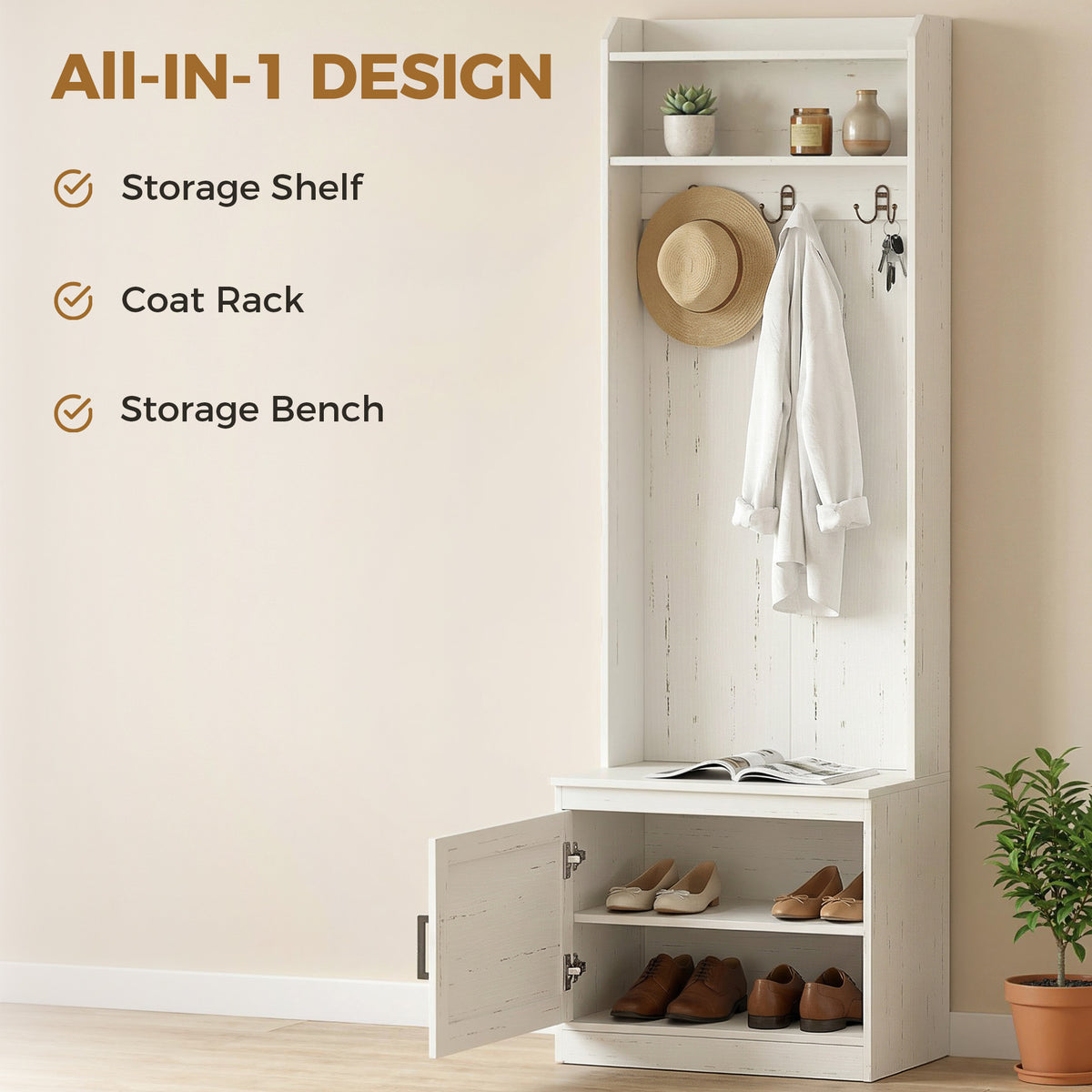 Modern Hall Tree with Shoe Storage Bench, Coat Rack and Shelves, White