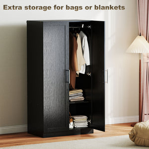 Wardrobe Cabinet with 2 Doors and Hanging Rod, Modern Armoire Wardrobe Closet for Bedroom, Black Wood Effect – view 4