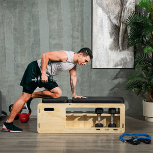 Soozier Wooden Workout Bench with Dumbbell Rack and Resistance Bands, Adjustable Incline Weight Bench for Home Gym