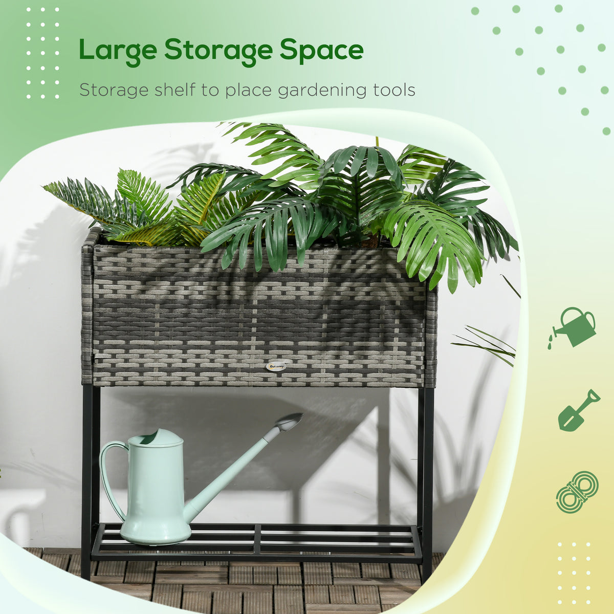 Rattan Raised Garden Boxes, Elevated Flower Beds with Storage Shelf for Herbs, Flowers, Vegetables, Brown – view 20