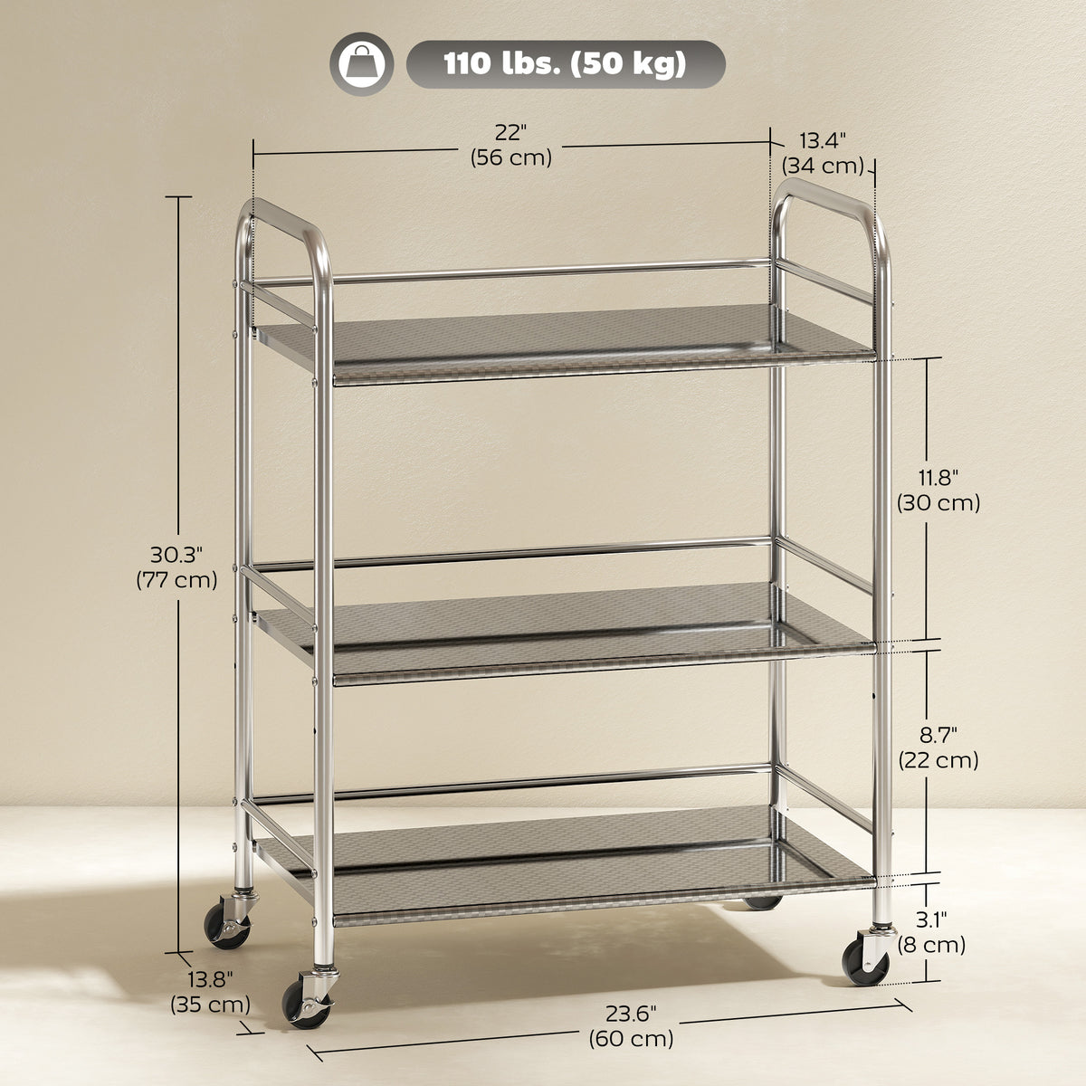 3 Tier Stainless Steel Rolling Cart with Adjustable Shelf, Utility Cart on Wheels with Handles for Kitchen – view 2