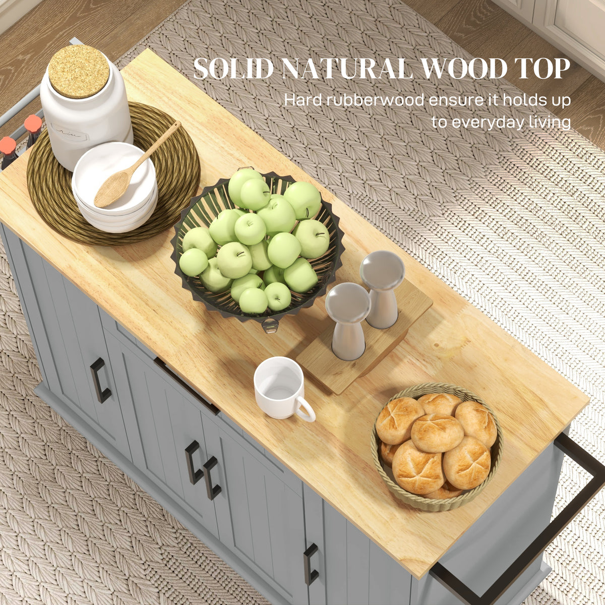 Modern Rolling Kitchen Island Cart with Drawers, Natural Wood Top, Towel Rack, Door Storage Cabinet, Black – view 11