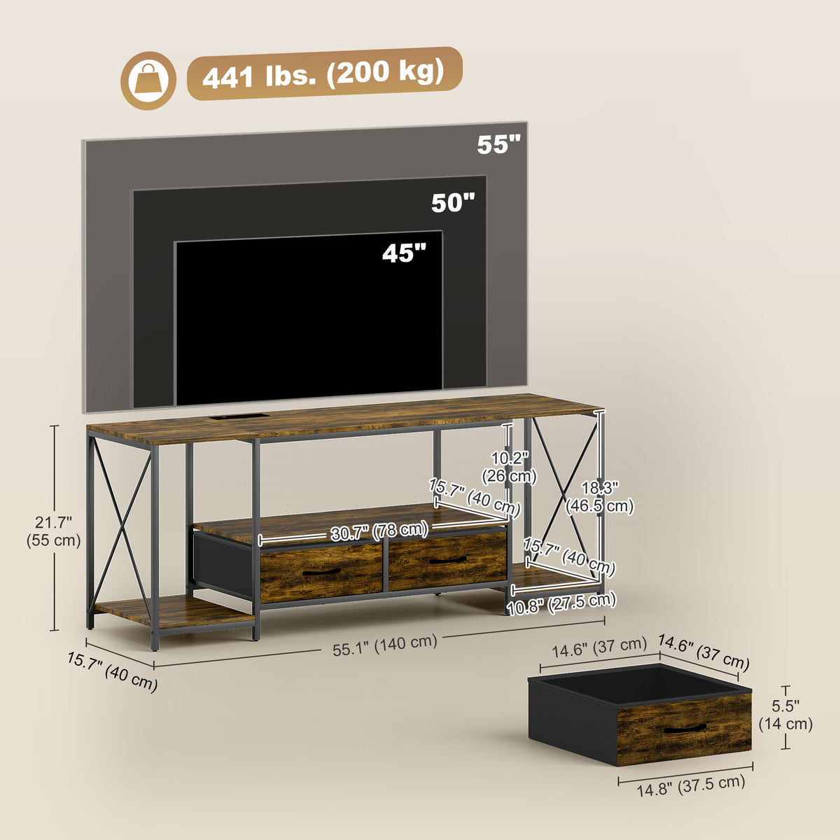 Industrial TV Stand for up to 55 Inch TV, TV Console with Charging Station and RGB LED Lights, Rustic Brown – view 2