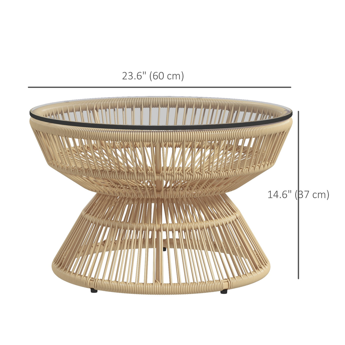 Rattan Outdoor Coffee Table, Patio End Table with Tempered Glass Tabletop & Steel Frame, Wicker Furniture, Nature Wood