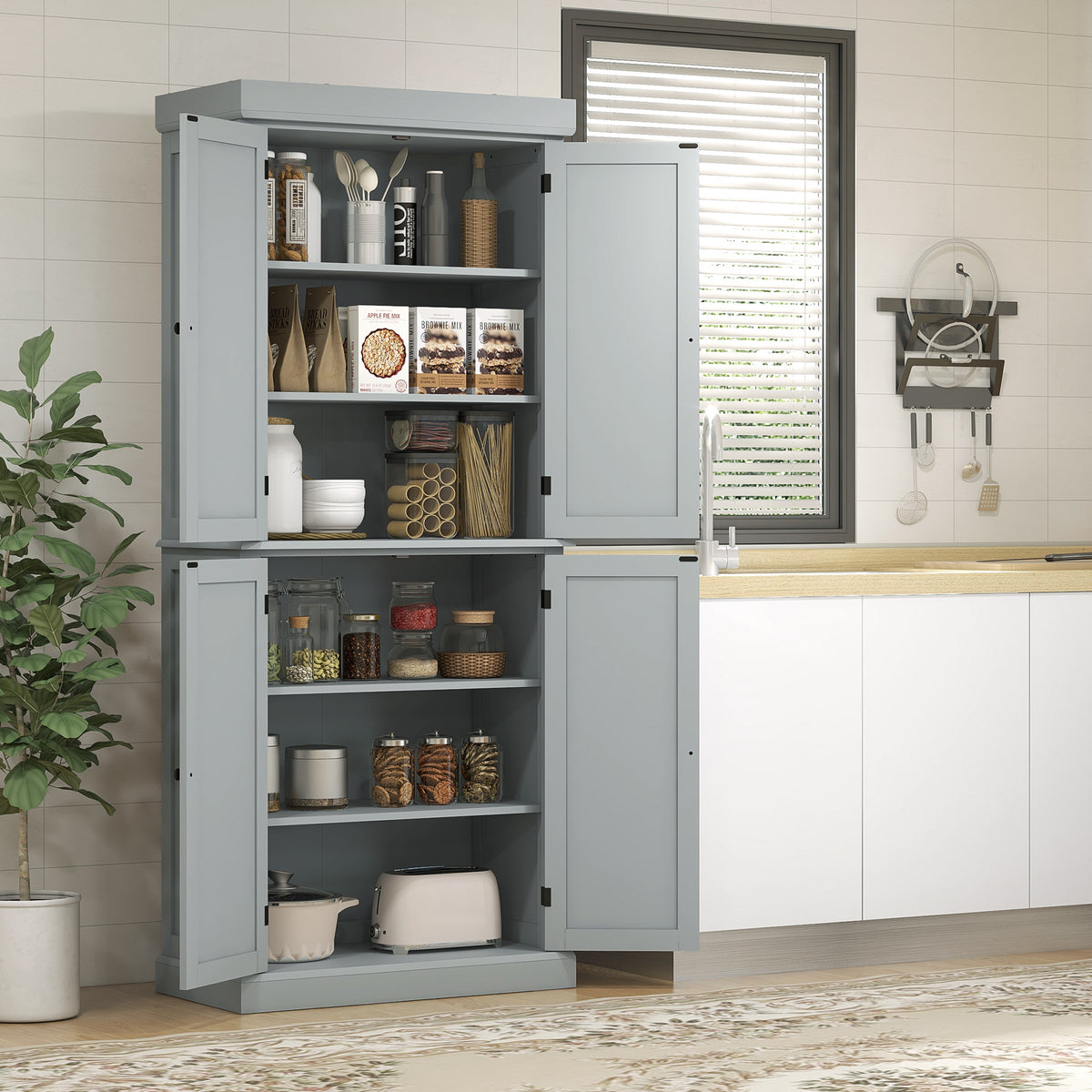 72.5" Freestanding Kitchen Pantry Cabinet with 4 Doors, Grey
