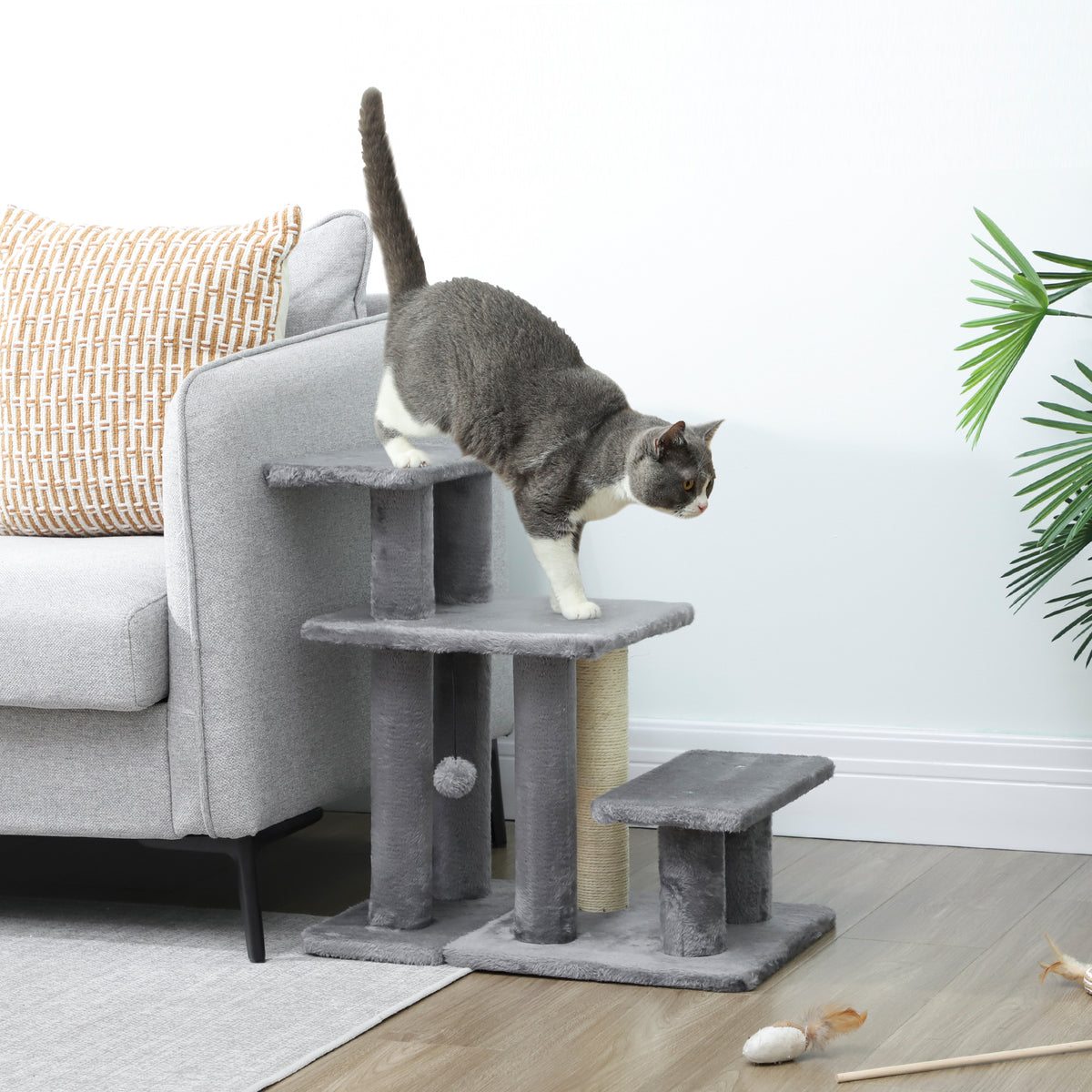 Cat Stairs with Sisal Scratching Post for High Bed Couch, Adjustable 3-Tier Pet Stairs, Grey