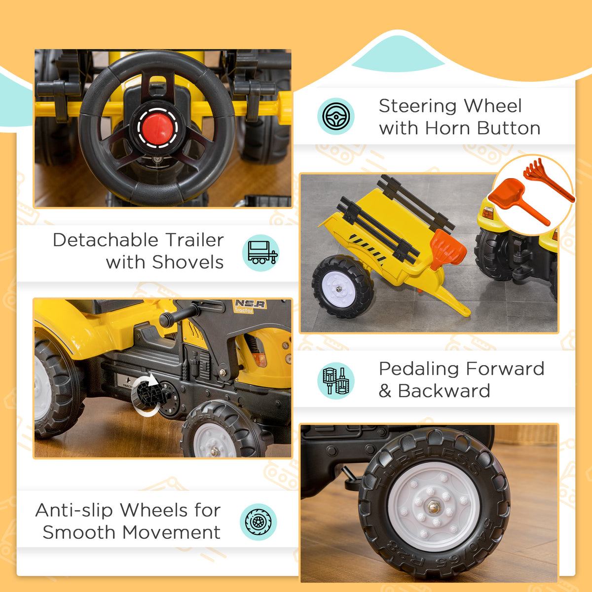 Aosom Front Loader Excavator Ride On Toy Pedal Control with 6 Wheels Controllable Bucket for 3 Years Old, Yellow