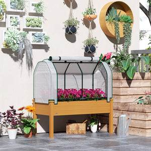 Raised Garden Bed with PE Greenhouse Cover Outdoor Elevated Wood Planter Box for Herbs and Vegetables Sand