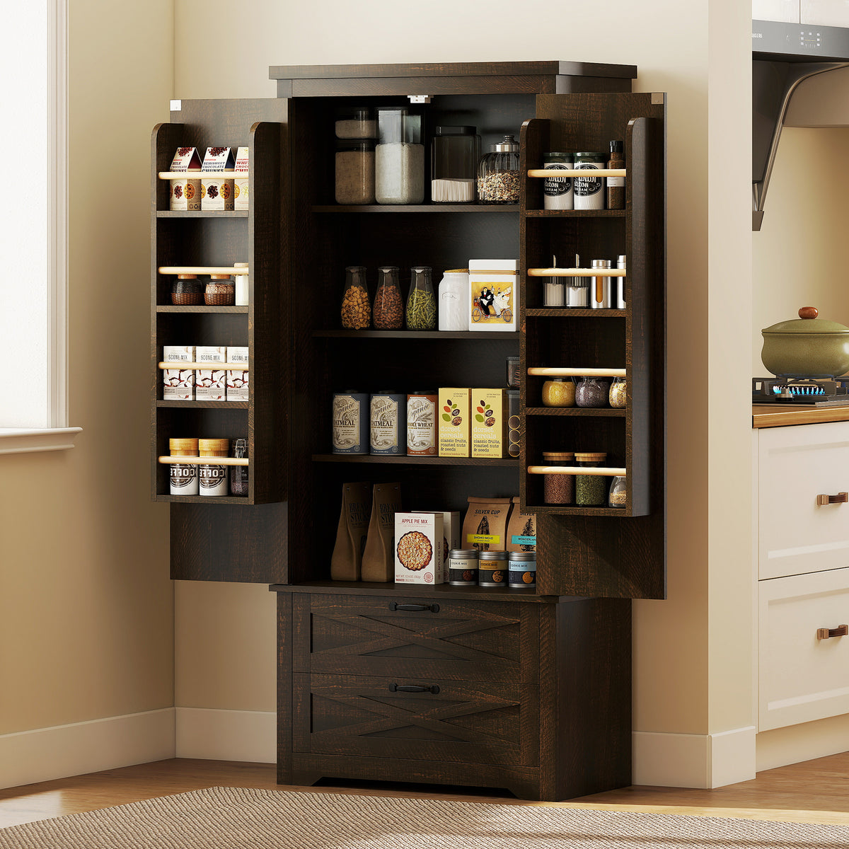 Farmhouse Kitchen Pantry Storage Cabinet, 64" Freestanding Kitchen Pantry Cabinet with Drawers – view 14