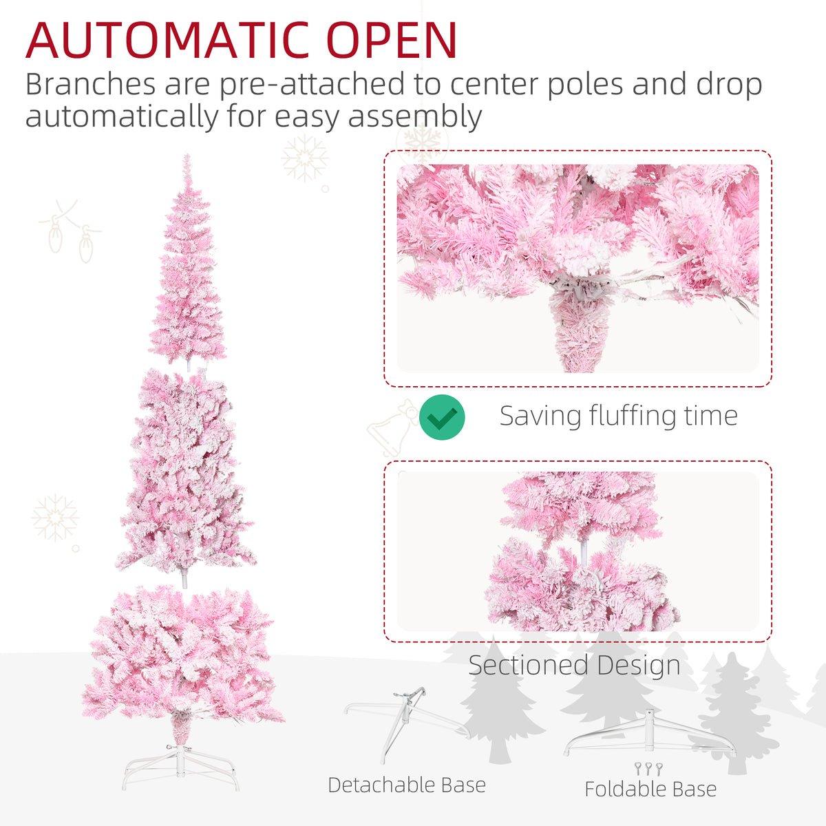 6 Foot Prelit Snow Flocked Artificial Christmas Tree with Pencil Shape, 500 Pine Realistic Branches, Warm White LED lights, Auto Open, Pink and White