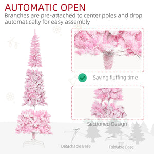 6 Foot Prelit Snow Flocked Artificial Christmas Tree with Pencil Shape, 500 Pine Realistic Branches, Warm White LED lights, Auto Open, Pink and White