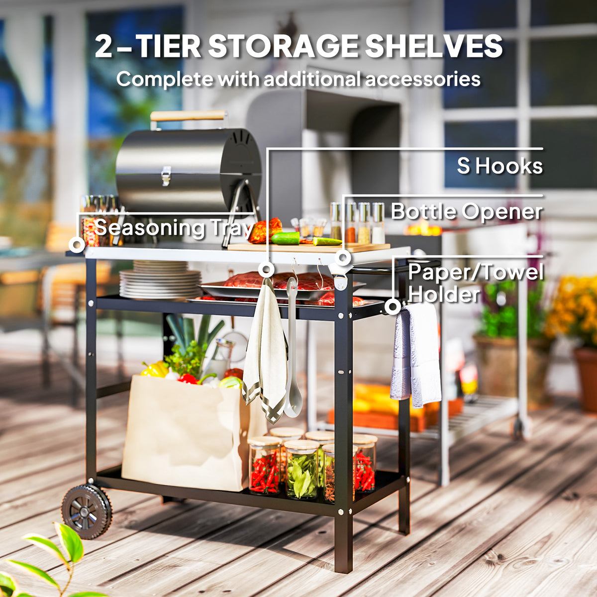 BBQ Stand with Stainless Steel Top Adjustable Shelf, Outdoor BBQ Station with Hooks Seasoning Tray Towel Rack