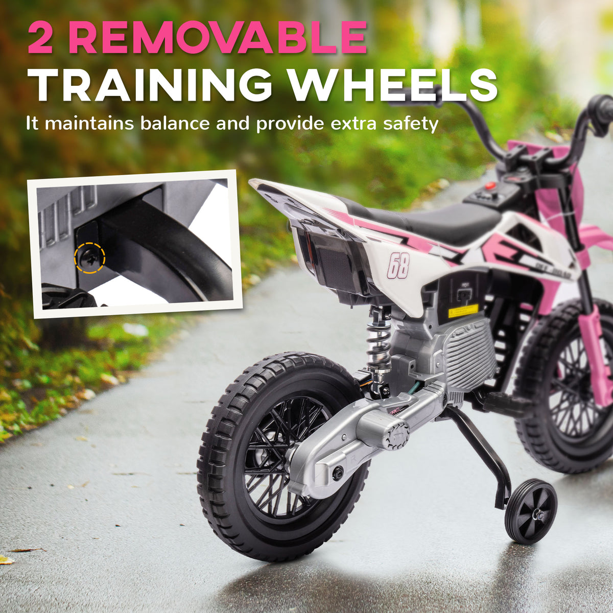 Qaba 12V Kids Dirt Bike, Electric Motorcycle with Twist Grip Throttle, Training Wheels, Rear Suspension & Music