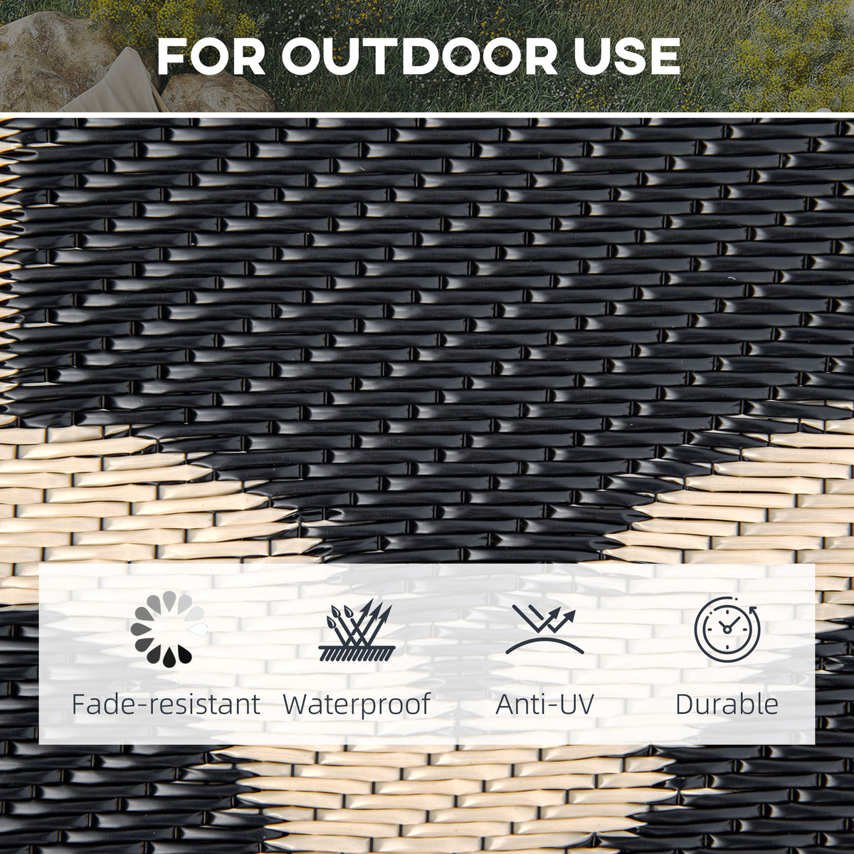 Reversible Outdoor RV Rug, 9' x 18' Patio Floor Mat, Plastic Straw Rug for Backyard, Deck, Picnic, Beach, Camping, Black and Beige