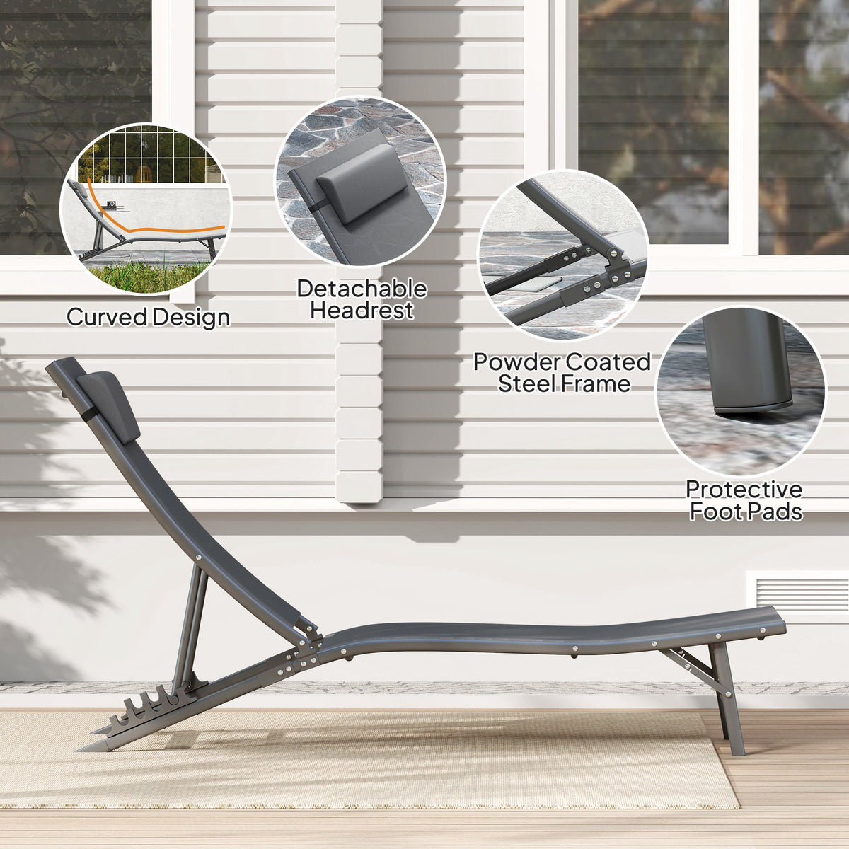 Folding Outdoor Chaise Lounge Chair Set of 2 with Adjustable Backrest, Headrest, Mesh Seat for Beach, Poolside, Grey