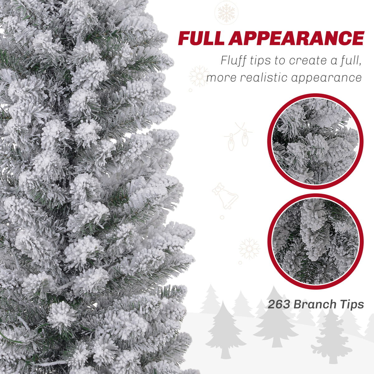 5ft Artificial Prelit Christmas Tree with Warm White LED Light, Snow Flocked Branches, Metal Base, Pencil Xmas Tree