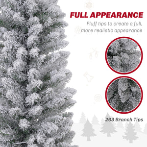 5ft Artificial Prelit Christmas Tree with Warm White LED Light, Snow Flocked Branches, Metal Base, Pencil Xmas Tree